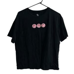 Minimalist Smiley Face Tee Organic Generation Black Pink Embroidery XL